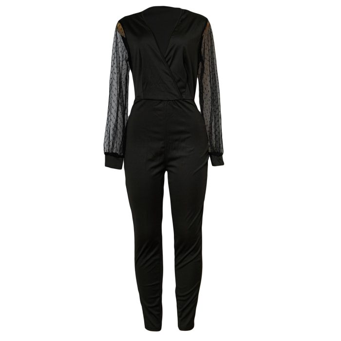 Black Faux-Wrap Jumpsuit with Sheer Sleeves