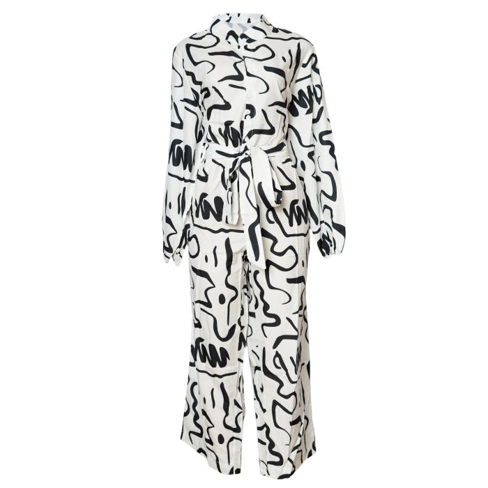 White and Black Abstract Print Jumpsuit