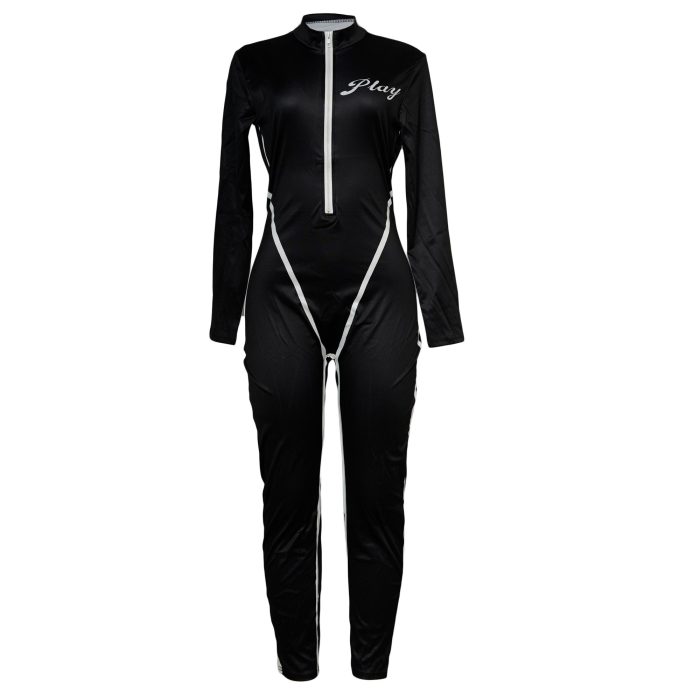 Black Zippered Jumpsuit with "Play" Detail
