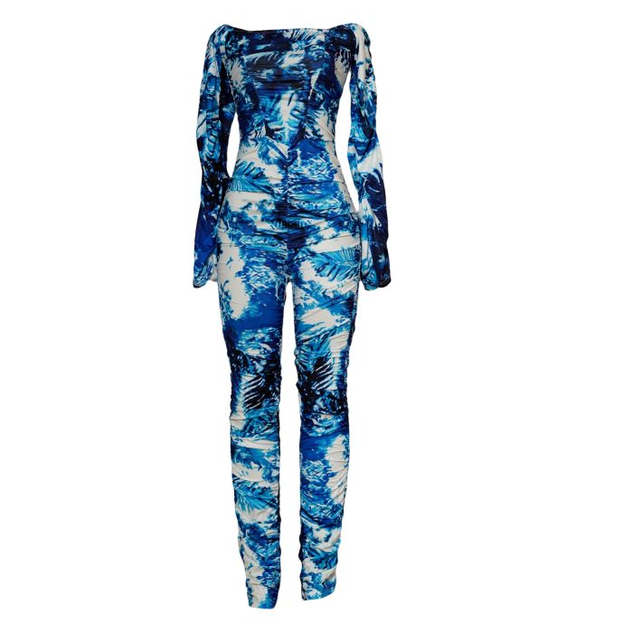 Ruched Off-the-Shoulder Jumpsuit with Blue and White Print